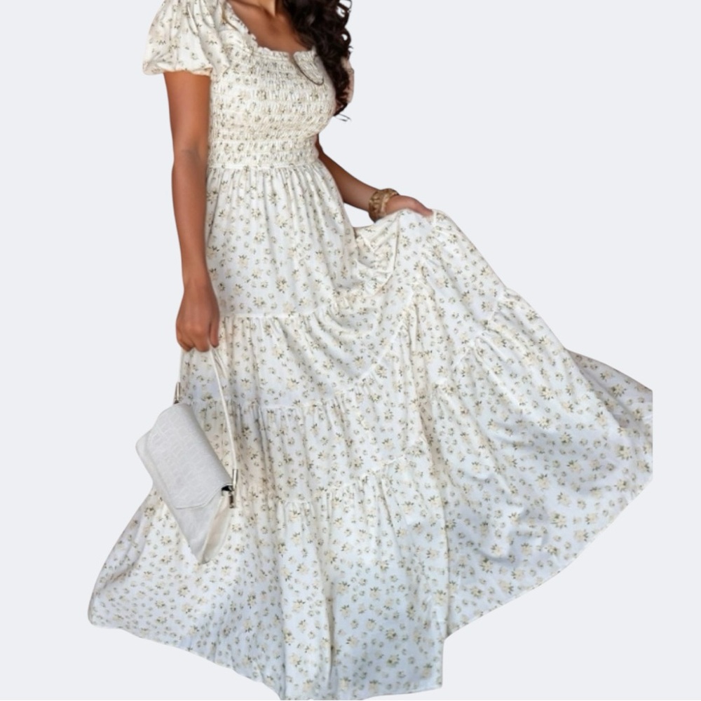 NEW Floral Smocked Short Puff Sleeve Maxi Dress Boho Cottagecore Feminine